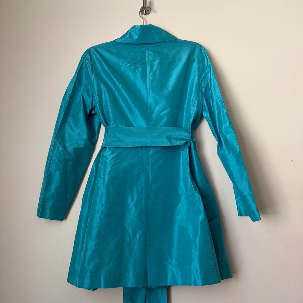 As Four Kate Spade 2005 Collab 100% Silk Teal Short Double-Breasted Trench Coat - Picture 5 of 14